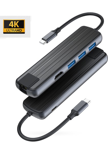 TC090 Type-C To 3* USB 3.0 4K Ultra Hd HDMI RJ45 Gigabit Ethernet Pd Şarj Çevirici Hub Adaptör