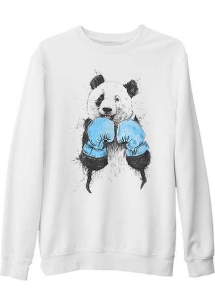 Panda - Boks Beyaz Kalın Sweatshirt