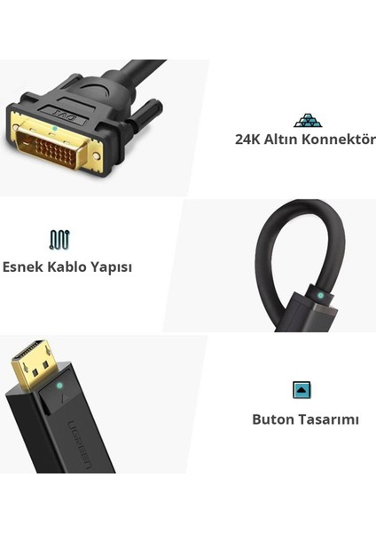 Displayport Erkek To DVI 24+1 Erkek Görüntü Aktarma Kablosu 2 Metre fiyatları