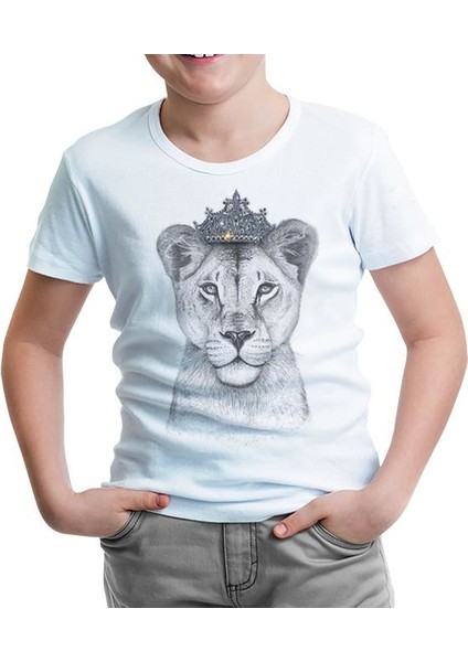 Lordd T-Shirt Taç - Dişi Aslan Beyaz Çocuk T-Shirt