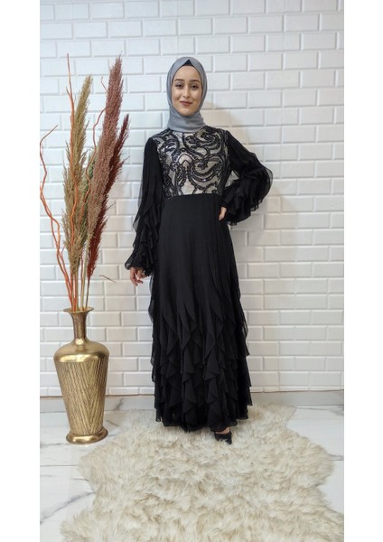 Kadın Pul Payet Detaylı Lazer Kesim Şık Abiye