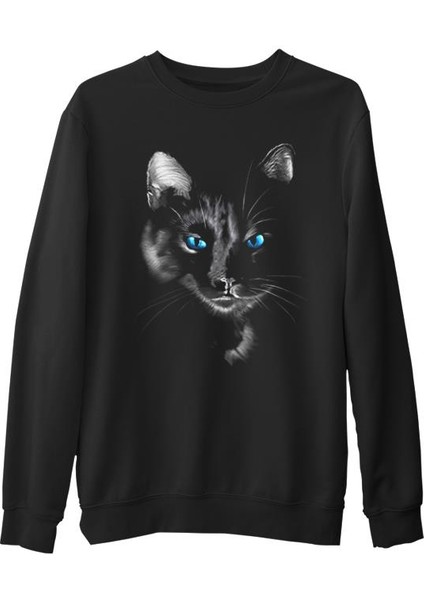 Cat In Blue Siyah Erkek Kalın Sweatshirt