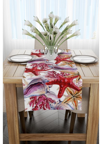 Beyaz Kırmızı Marin Desenli Dijital Baskılı Runner