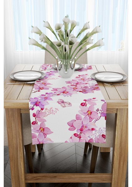 Beyaz Pembe Orkide Desenli Dijital Baskılı Runner