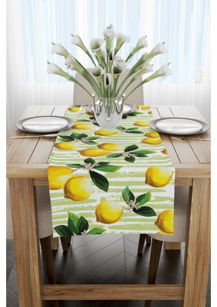 Sarı Yeşil Limon Desenli Dijital Baskılı Runner