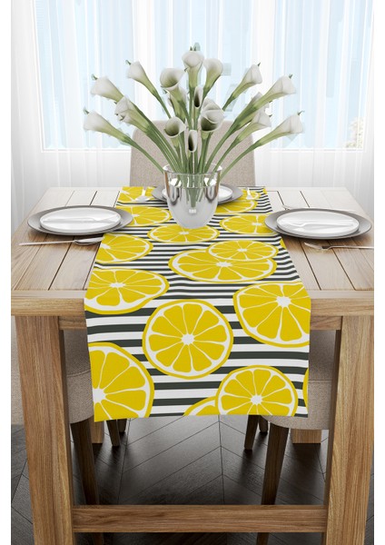 Beyaz Sarı Limon Desenli Dijital Baskılı Runner