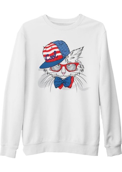 Kedi - Cool Beyaz Kalın Sweatshirt