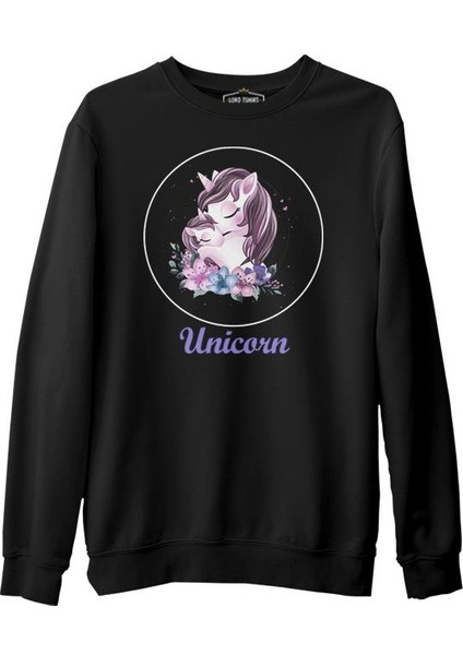 Unicorn Çiçek Anneler Günü Siyah Unisex Kalın Sweatshirt