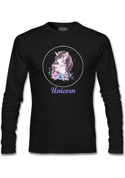 Unicorn Çiçek Anneler Günü Siyah Unisex Sweatshirt