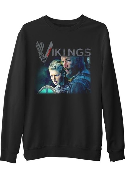 Vikings - Ragnar & Lagertha Siyah Erkek Kalın Sweatshirt