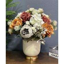 Nettenevime Yapay Çiçek Aranjmanı Gold-Krem Vazolu Somon Gri Güllü Nişan Çiçeği Isteme Çiçeği Masa Üstü Çiçeği Arajman