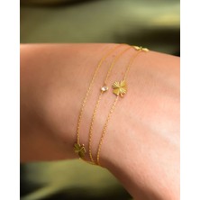 Papatya Silver 925 Ayar Gümüş Altın Kaplama Taşlı Yonca Model Üç Zincir Bileklik