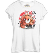 Lordd T-Shirt Japon - Kitsune Ay  Beyaz Kadın T-Shirt