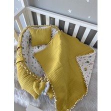 Jaju Baby Hardal Örgü Pike Kumaş ve Müslin Kumaş Ponponlu 3'lü Babynest Set