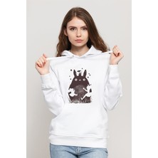 Qivi My Neighbor Komşum Totoro Baskılı Beyaz Kadın Örme Kapşonlu Sweatshirt Uzun Kol