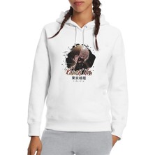 Qivi Anime Tokyo Ghoul Kaneki Manga Baskılı Beyaz Kadın Örme Kapşonlu Sweatshirt Uzun Kol