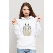 Qivi My Neighbor Komşum Totoro Baskılı Beyaz Kadın Örme Kapşonlu Sweatshirt Uzun Kol