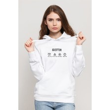 Qivi LED Zeppelin Baskılı Beyaz Kadın Örme Kapşonlu Sweatshirt Uzun Kol