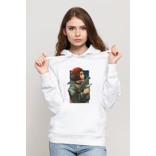 Qivi Leon Baskılı Beyaz Kadın Örme Kapşonlu Sweatshirt Uzun Kol