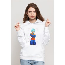 Qivi Anime Dragon Ball Baskılı Beyaz Kadın Örme Kapşonlu Sweatshirt Uzun Kol
