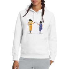 Qivi Anime Dragon Ball Baskılı Beyaz Kadın Örme Kapşonlu Sweatshirt Uzun Kol