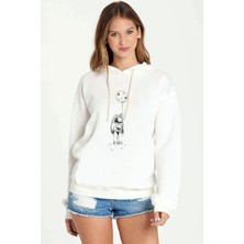 Qivi Astronot Balon Ay Baskılı Beyaz Kadın Örme Kapşonlu Sweatshirt Uzun Kol