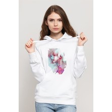 Qivi Anime Tokyo Ghoul Anteiku Baskılı Beyaz Kadın Örme Kapşonlu Sweatshirt Uzun Kol
