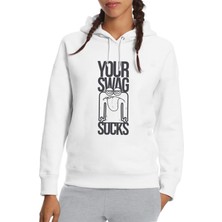 Qivi Your Swag Sucks Baskılı Beyaz Kadın Örme Kapşonlu Sweatshirt Uzun Kol