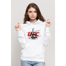Qivi Khabib Nurmagomedov Baskılı Beyaz Kadın Örme Kapşonlu Sweatshirt Uzun Kol