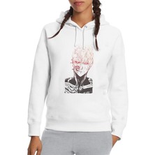 Qivi Anime One Punch Man Baskılı Beyaz Kadın Örme Kapşonlu Sweatshirt Uzun Kol