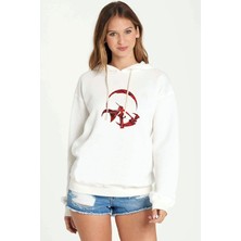 Qivi Silhouette Ruby Rose Roses Baskılı Beyaz Kadın Örme Kapşonlu Sweatshirt Uzun Kol