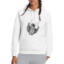 Qivi Astronot Ay Salıncak Baskılı Beyaz Kadın Örme Kapşonlu Sweatshirt Uzun Kol