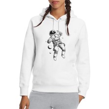 Qivi Astronot Uzay Boşluğu Baskılı Beyaz Kadın Örme Kapşonlu Sweatshirt Uzun Kol