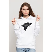 Qivi Game Of Thrones Baskılı Beyaz Kadın Örme Kapşonlu Sweatshirt Uzun Kol
