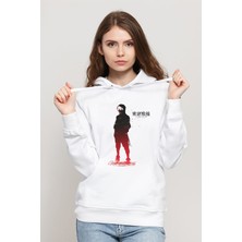 Qivi Anime Tokyo Ghoul Anteiku Baskılı Beyaz Kadın Örme Kapşonlu Sweatshirt Uzun Kol