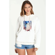 Qivi Anime Attack On Titan Baskılı Beyaz Kadın Örme Kapşonlu Sweatshirt Uzun Kol
