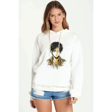 Qivi Anime Attack On Titan Baskılı Beyaz Kadın Örme Kapşonlu Sweatshirt Uzun Kol