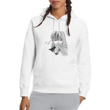 Qivi Anime Tokyo Ghoul Anteiku Baskılı Beyaz Kadın Örme Kapşonlu Sweatshirt Uzun Kol