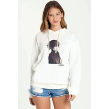 Qivi Anime Tokyo Ghoul Anteiku Baskılı Beyaz Kadın Örme Kapşonlu Sweatshirt Uzun Kol