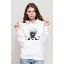 Qivi Anime Tokyo Ghoul Anteiku Baskılı Beyaz Kadın Örme Kapşonlu Sweatshirt Uzun Kol