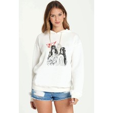 Qivi Aerosmith Hard Rock Rock And Roll Baskılı Beyaz Kadın Örme Kapşonlu Sweatshirt Uzun Kol
