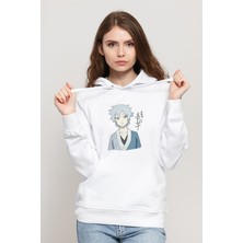 Qivi Anime Naruto Movies Baskılı Beyaz Kadın Örme Kapşonlu Sweatshirt Uzun Kol