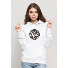 Qivi La Case De Papel Kolaj Baskılı Beyaz Kadın Örme Kapşonlu Sweatshirt Uzun Kol