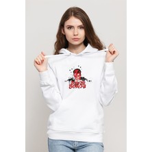 Qivi David Bowie Baskılı Beyaz Kadın Örme Kapşonlu Sweatshirt Uzun Kol