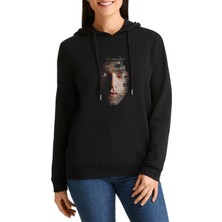 Qivi Mr Robot 2 Baskılı Siyah Kadın Örme Kapşonlu Sweashirt Uzun Kol