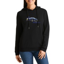 Qivi Blue Supra Baskılı Siyah Kadın Örme Kapşonlu Sweashirt Uzun Kol