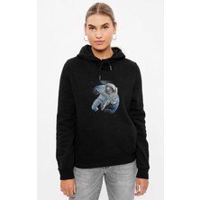 Qivi Astronot Dünyadan Uzaya Yolculuk Baskılı Siyah Kadın Örme Kapşonlu Sweashirt Uzun Kol