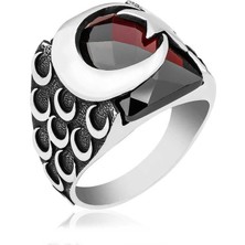 Gumush  ​gümüş Kırmızı Kesme Taşlı Ay Yıldız Erkek Yüzük