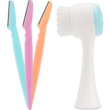 Greathings 3'lü Kaş Usturası Kaş Vücut Jileti ve Çift Taraflı Slikon Yüz Temizleme Fırçası