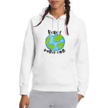 Qivi Respect Mother Earth Baskılı Beyaz Kadın Örme Kapşonlu Sweatshirt Uzun Kol